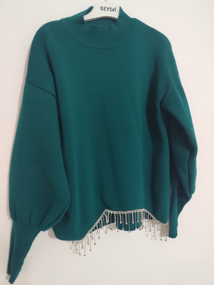 Yeşil Nakışlı Kadın Triko Kazak - Görsel 2