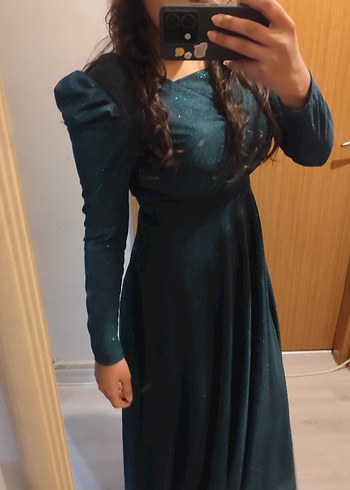 V Yaka Drapeli yesil Uzun Kadın Elbise - Görsel 3