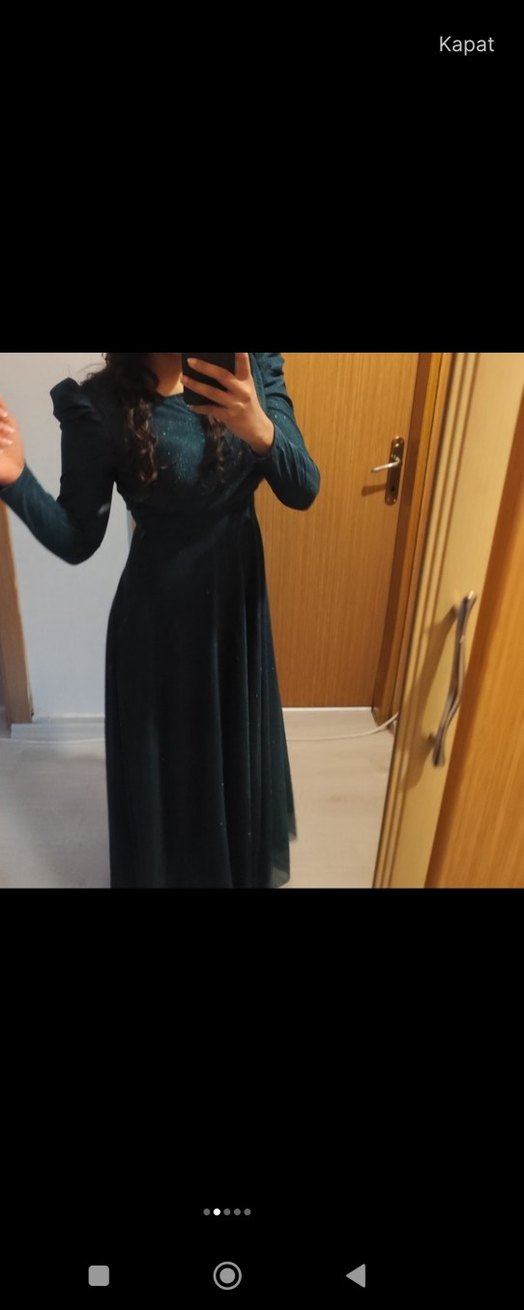 V Yaka Drapeli yesil Uzun Kadın Elbise - Görsel 2