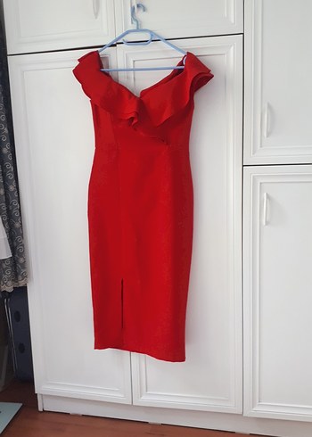 Kırmızı V Yaka Drapeli Midi Elbise - Görsel 3