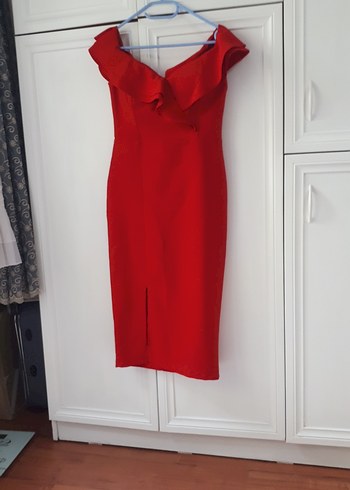 Kırmızı V Yaka Drapeli Midi Elbise - Görsel 2