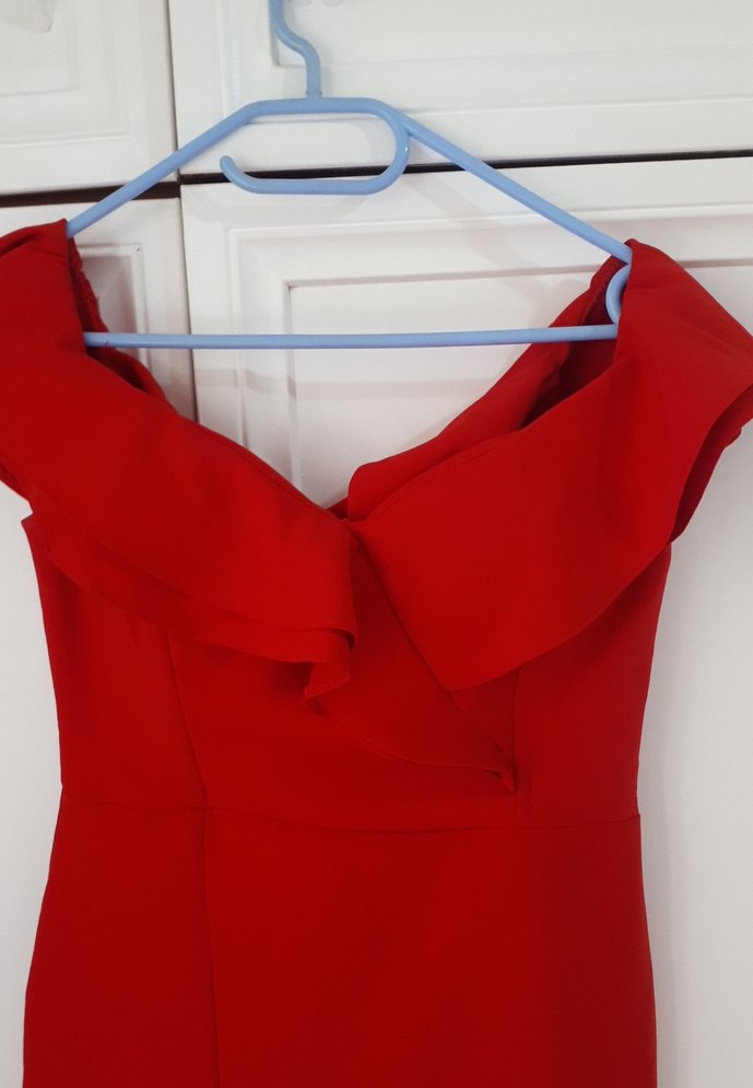 Kırmızı V Yaka Drapeli Midi Elbise - Görsel 5