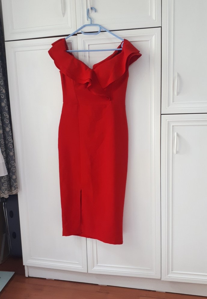 Kırmızı V Yaka Drapeli Midi Elbise - Görsel 3