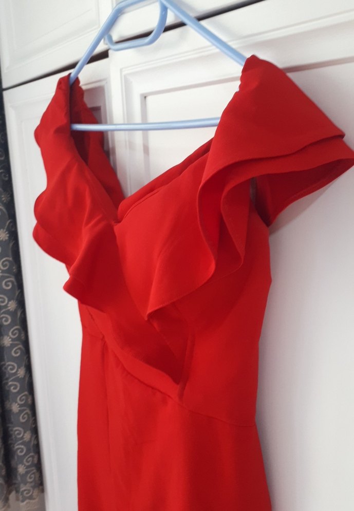 Kırmızı V Yaka Drapeli Midi Elbise - Görsel 4