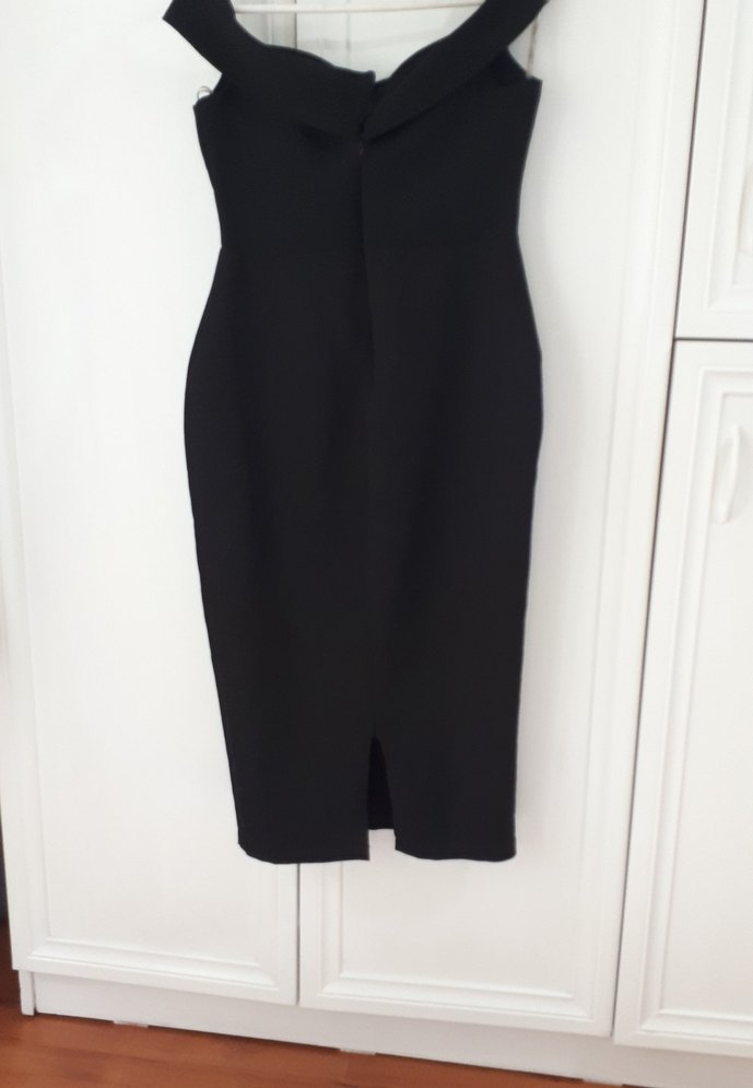 Siyah V Yakalı Fırfırlı Midi Elbise - Görsel 2