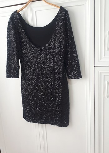 Parlak Siyah Uzun Kollu Mini Elbise - Görsel 5