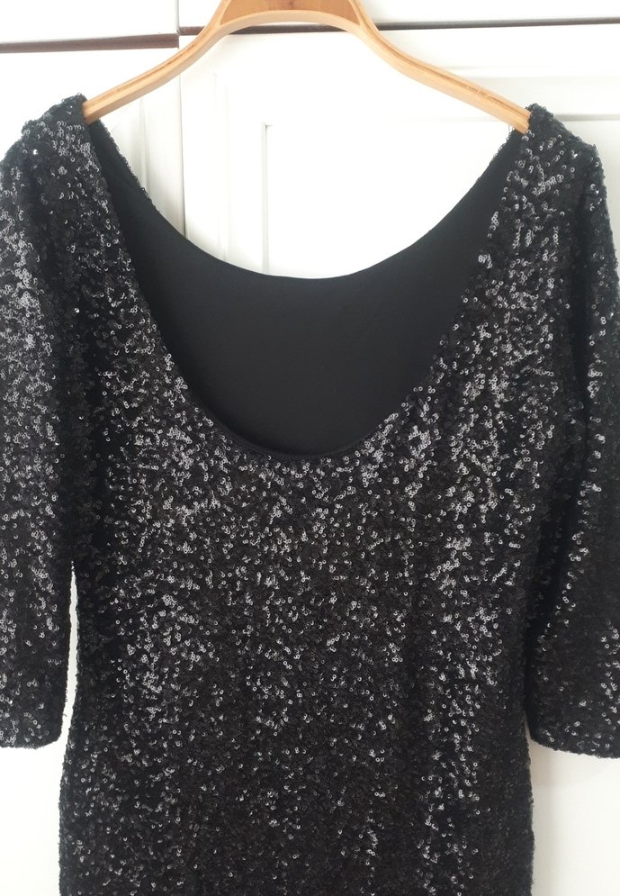 Parlak Siyah Uzun Kollu Mini Elbise - Görsel 4