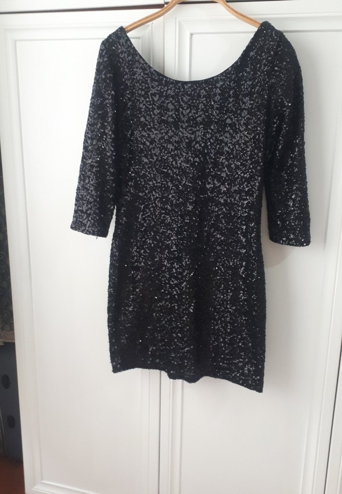 Parlak Siyah Uzun Kollu Mini Elbise - Görsel 2