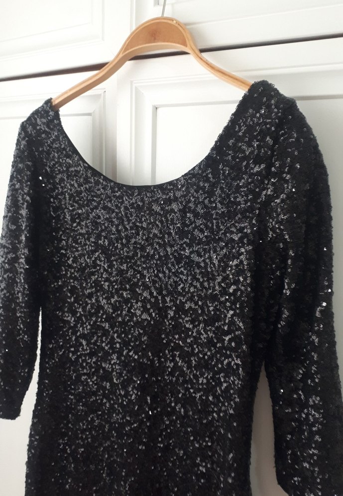 Parlak Siyah Uzun Kollu Mini Elbise - Görsel 3