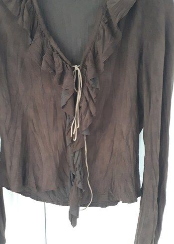 Kahverengi Kemerli Uzun Kollu Keten Bluz - Görsel 5