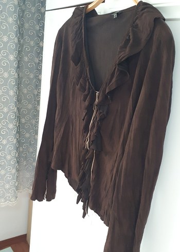 Kahverengi Kemerli Uzun Kollu Keten Bluz - Görsel 3