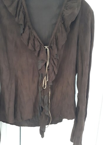 Kahverengi Kemerli Uzun Kollu Keten Bluz - Görsel 4