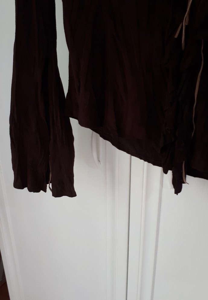 Kahverengi Kemerli Uzun Kollu Keten Bluz - Görsel 2