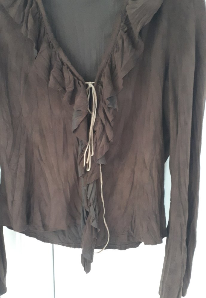 Kahverengi Kemerli Uzun Kollu Keten Bluz - Görsel 5