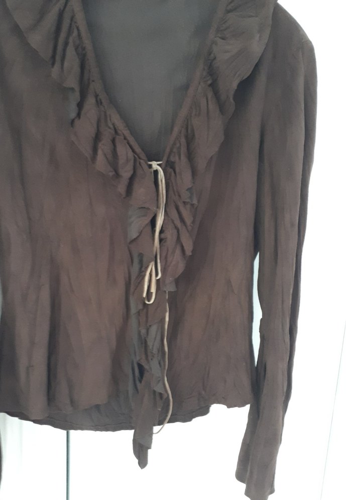 Kahverengi Kemerli Uzun Kollu Keten Bluz - Görsel 4