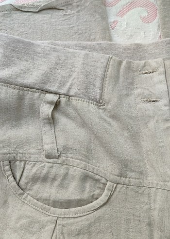 38 Beden Düğmeli Bej ve Gri renkli Keten Pantolon