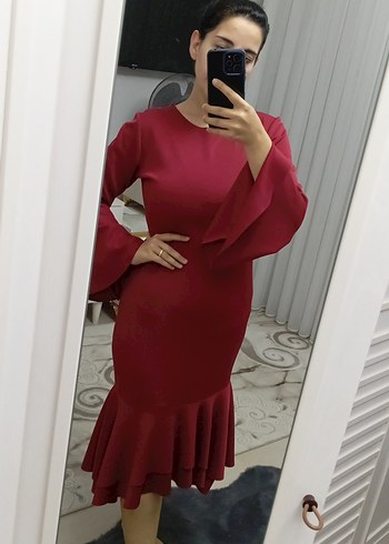 Bordo Drapeli Uzun Kollu Elbise