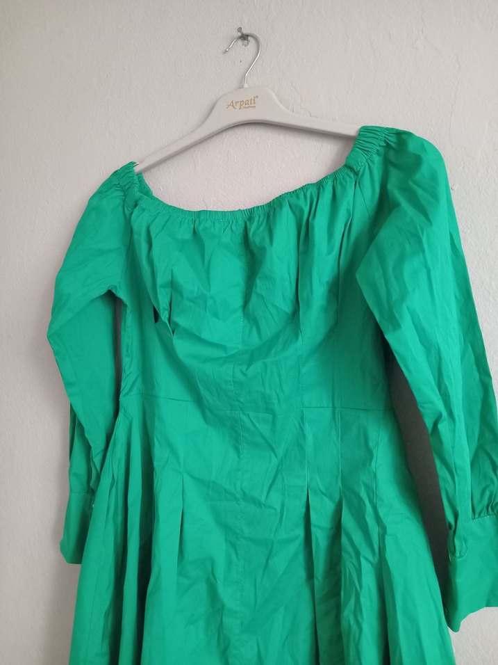 Yeşil Drapeli Midi Keten Kadın Elbise - Görsel 2