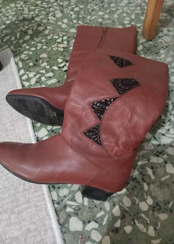 Kahverengi Nakışlı Kadın Deri Diz Boyu Çizme