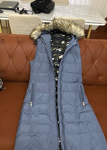 38 Beden Mavi Uzun Fermuarlı Kadın Yelek