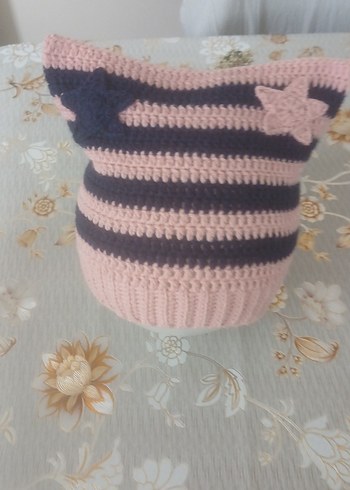 Pembe Lacivert Çizgili Örgü Kadın Kedi Kulaklı Bere - Görsel 2