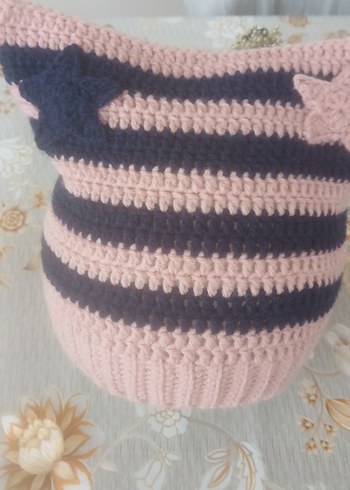 Pembe Lacivert Çizgili Örgü Kadın Kedi Kulaklı Bere - Görsel 3