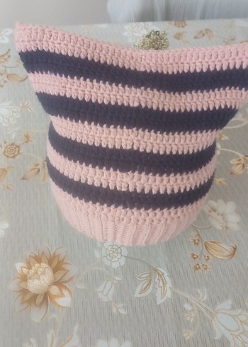 Pembe Lacivert Çizgili Örgü Kadın Kedi Kulaklı Bere - Görsel 4