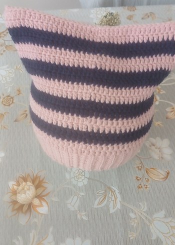 Pembe Lacivert Çizgili Örgü Kadın Kedi Kulaklı Bere - Görsel 5