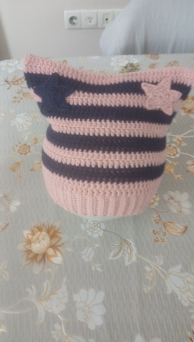 Pembe Lacivert Çizgili Örgü Kadın Kedi Kulaklı Bere - Görsel 2