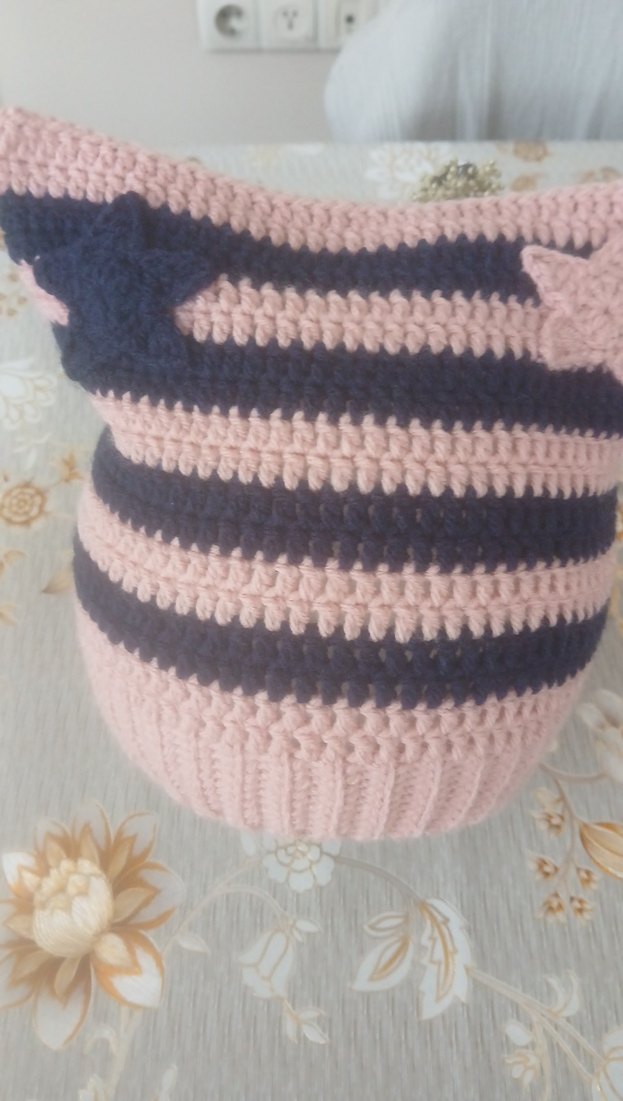 Pembe Lacivert Çizgili Örgü Kadın Kedi Kulaklı Bere - Görsel 3