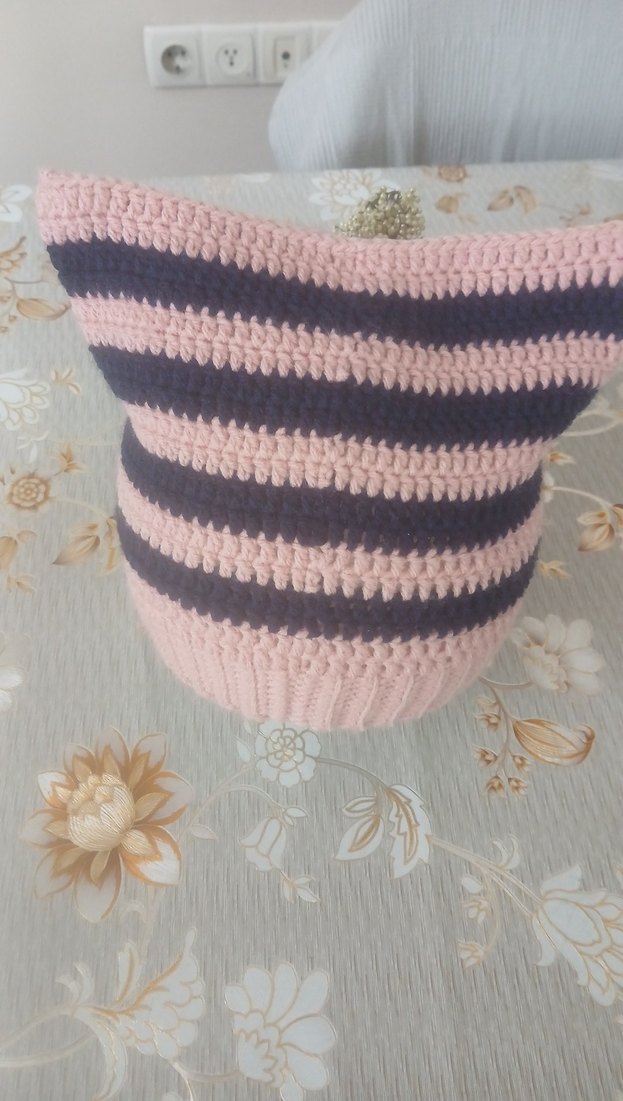 Pembe Lacivert Çizgili Örgü Kadın Kedi Kulaklı Bere - Görsel 4