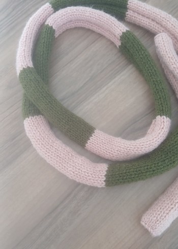 Pembe ve Haki Örgü Kadın  Skinny Atkı - Görsel 4