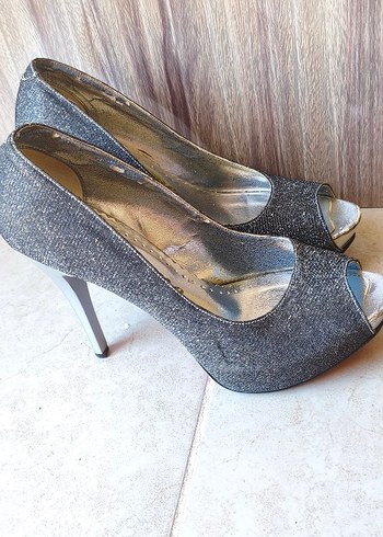 38 Beden gri Renk Gri Simli Stiletto Topuklu Kadın Abiye Ayakkabı