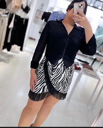 Zebra kruvaze püsküllü mini etek