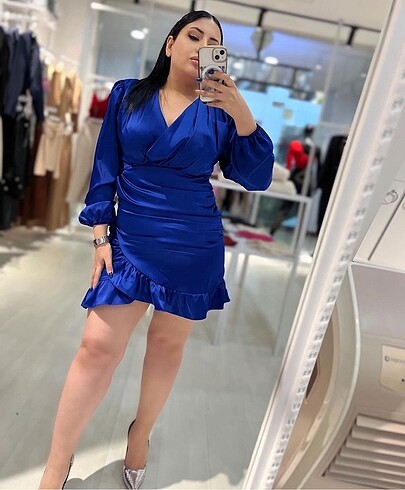 Saks mavisi kruvaze mini elbise