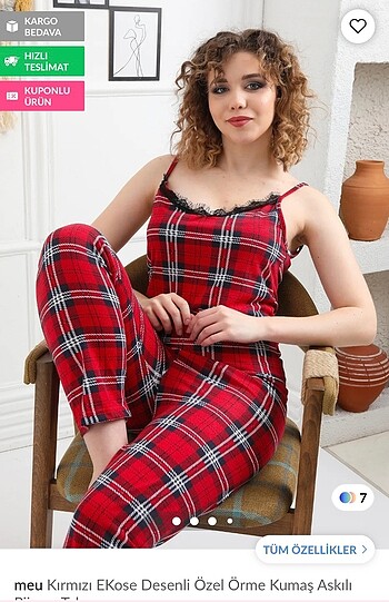 m Beden kırmızı Renk Ekose askılı pijama takımı