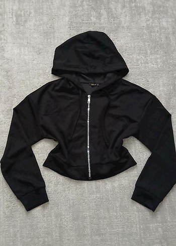 Fermuarlı Siyah Kapüşonlu Kadın Sweatshirt