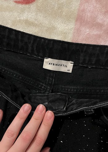 Aybikestil Taşlı Baggy Fit Füme Kadın Jean