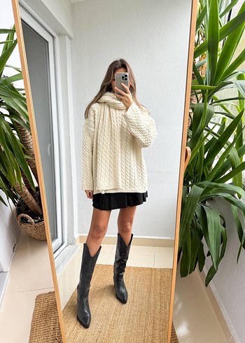 Bej Krem Atkılı Örgü Kadın Kazak - Görsel 4