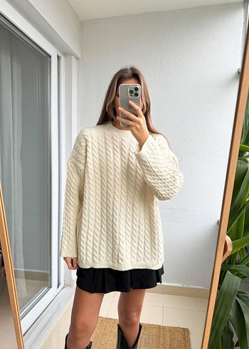 Bej Krem Atkılı Örgü Kadın Kazak - Görsel 5