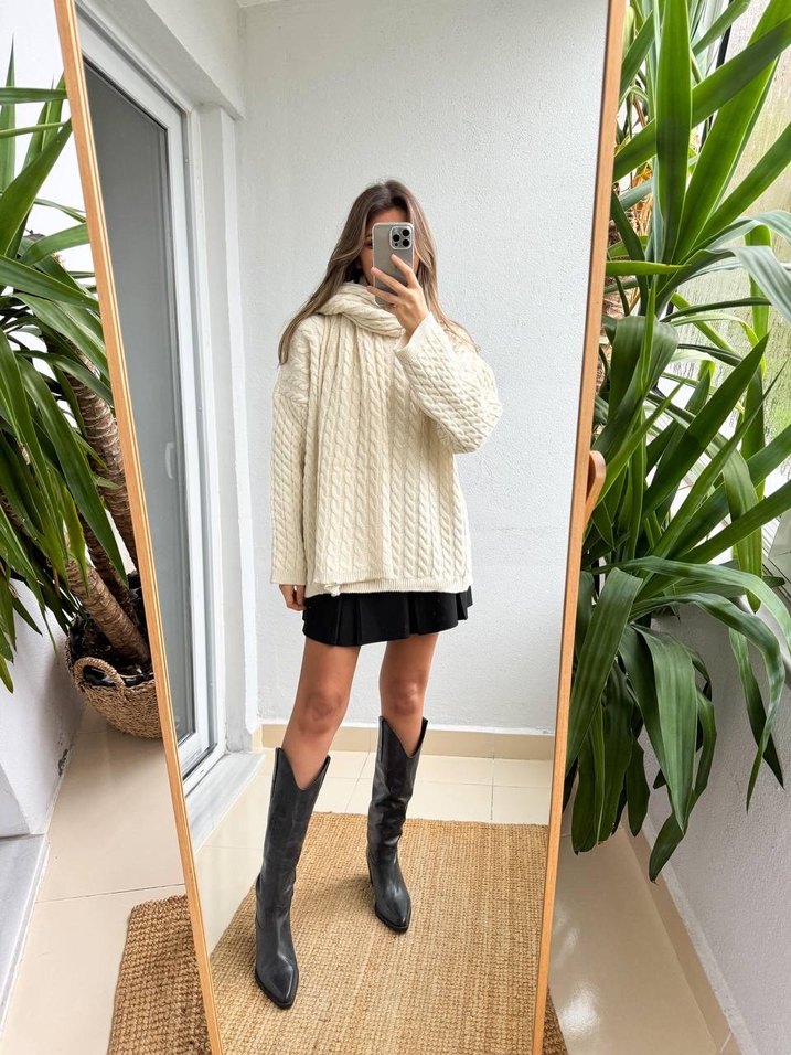 Bej Krem Atkılı Örgü Kadın Kazak - Görsel 4