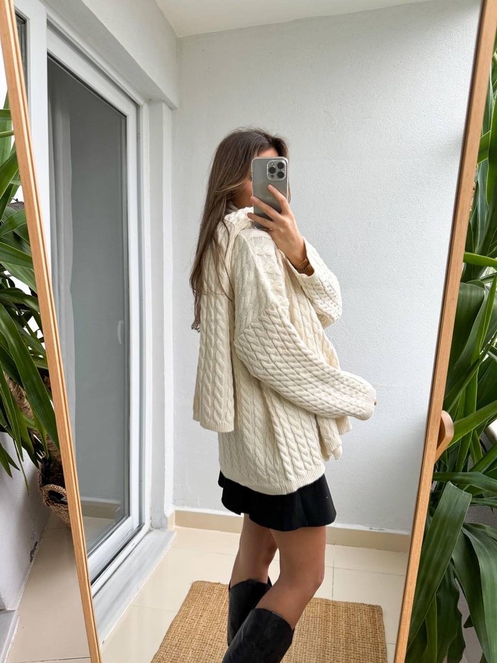 Bej Krem Atkılı Örgü Kadın Kazak - Görsel 2