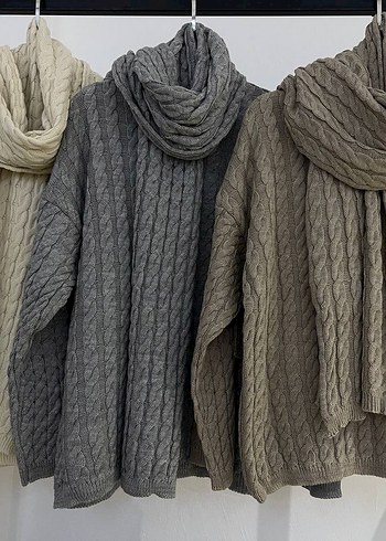 Koyu Bej Atkılı Örgü Kadın Kazak - Görsel 3