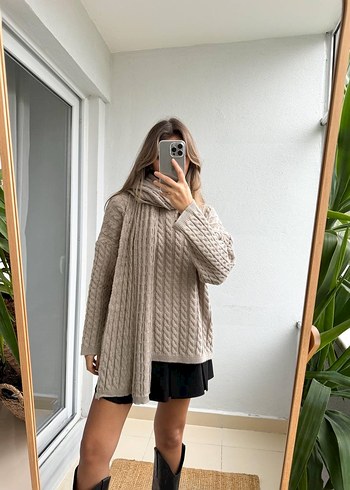 Koyu Bej Atkılı Örgü Kadın Kazak - Görsel 4