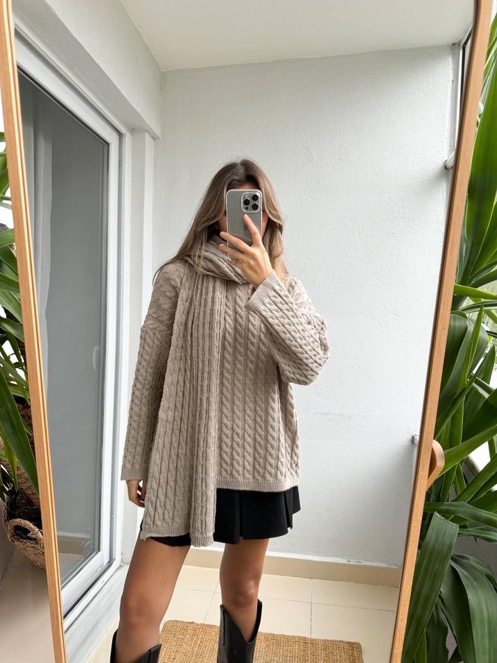 Koyu Bej Atkılı Örgü Kadın Kazak - Görsel 4