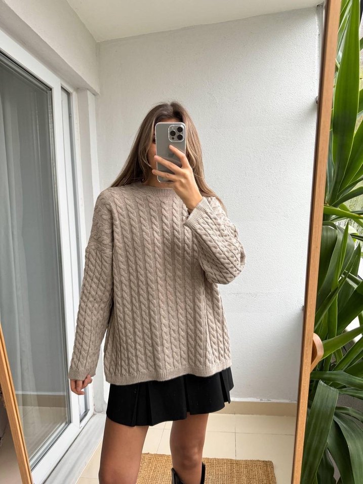 Koyu Bej Atkılı Örgü Kadın Kazak - Görsel 5