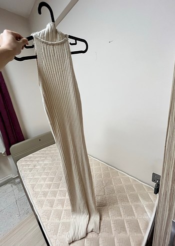 Bej Uzun Triko Elbise, Yüksek Yaka, Pileli - Görsel 2