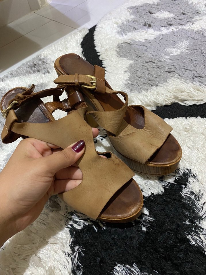 Bej  Ahşap Platform Topuklu Kadın Sandalet - Görsel 3