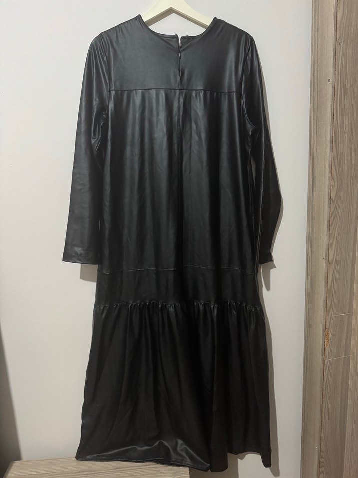 Kadın Siyah Deri Uzun Elbise - Görsel 2