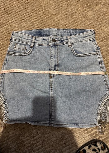 Püsküllü Gri Mini Denim Etek - Görsel 5